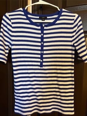 J. Crew Blue & White Striped Ribbed Henley Tee